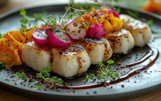 Artistic presentation of dumplings topped with colorful garnishes on a sleek black plate photo