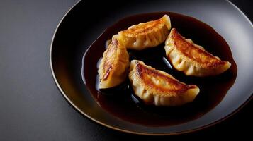 Savory dumplings served with rich soy sauce on a dark plate in a dining setting photo