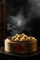 Delicate bamboo steamer filled with plump dumplings creating a cozy atmosphere in a dimly lit restaurant photo