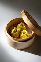 Delicate bamboo steamer filled with plump dumplings and vibrant green peas ready for serving photo