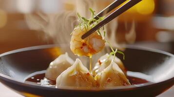 Savory dim sum with ginger infused sauce captured in a warm setting highlighting culinary delight and tradition photo