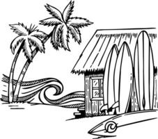 Peace and adventure in this charming beach house, where the waves beckon and the surfboards await you. Live life in harmony with the sea. Editable drawing with simple lines. vector