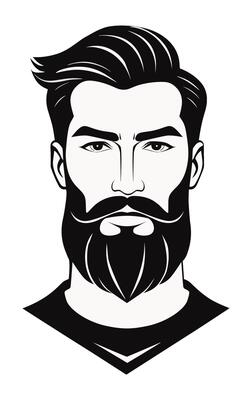 Man with verdi beard, handlebar mustache waxxed in a loose curl and side parted combed hair. Style of the 2000s
