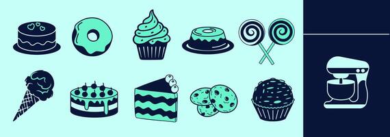 Sweets icon set for logo or digital work. Icons of dessert, doughnut, cupcake, frosting cake, muffin, candy, jelly, cookies, icecream cone and other. Editable elements, size and color. vector