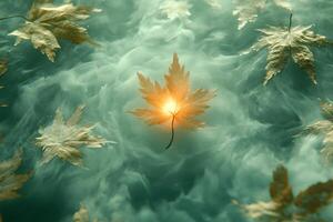Mystical Autumn Leaf Floating on Ethereal Misty Surface - Surreal Nature Concept for Inspirational Design photo