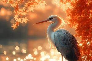 Serene Autumn Heron at Golden Sunset by Tranquil Waterside photo