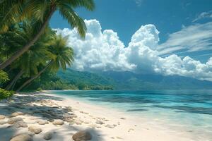 Tropical Beach Paradise with Lush Palm Trees and Azure Waters for Relaxation photo