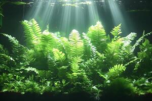 Lush Aquatic Ferns Illuminated by Sunlight in an Underwater Scene photo