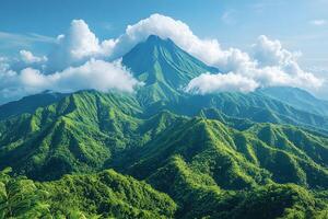 Majestic Mountain Landscape with Verdant Hills and Scenic Clouds for Nature Posters photo