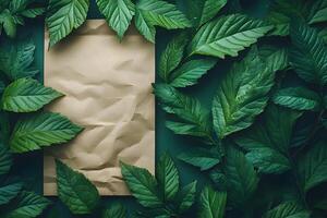 Eco-Friendly Design Concept with Recycled Paper and Green Leaves for Nature-Themed Projects photo