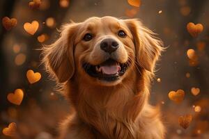 Golden Retriever in Autumn with Heart-Shaped Bokeh for Love and Joy Concepts photo