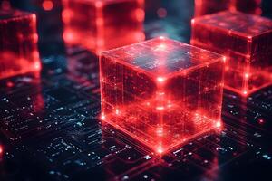 Futuristic Blockchain Technology Concept with Glowing Red Cubes on Circuit Board photo
