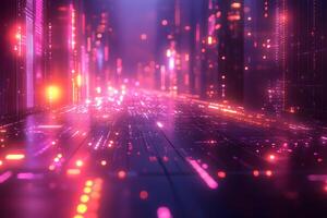 Futuristic Cityscape with Glowing Neon Lights and Digital Grid Design for Tech Backgrounds photo