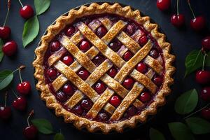 Delicious Cherry Pie with Lattice Crust Surrounded by Fresh Cherries for Culinary Delight photo
