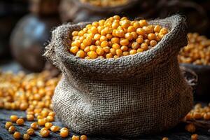 Rustic Display of Golden Corn Kernels in Burlap Sack for Farmhouse Decor or Cooking Inspiration photo