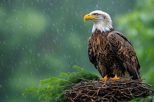 Majestic Bald Eagle Resting on Nest During Rainfall in Serene Forest Setting photo