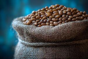 Rustic Burlap Sack Overflowing with Fresh Coffee Beans for Gourmet Brewing photo