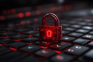 Cybersecurity Concept with Glowing Red Padlock on Keyboard for Digital Protection Design photo