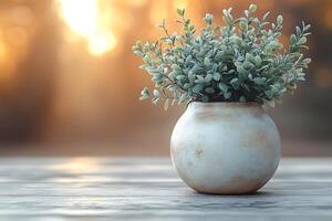 Rustic Potted Plant on Wooden Table with Soft Background for Interior Decor Design photo