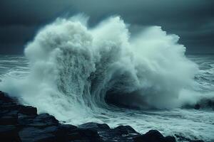 Powerful Ocean Wave Crashing Against Rocky Shoreline for Nature and Travel Themes photo