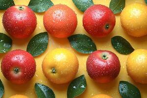 Vibrant Citrus and Apple Pattern with Fresh Dew on Yellow Background photo