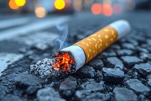 Burning Cigarette on Cobblestone Street Urban Health and Pollution Concept photo