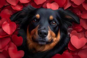 Dog Surrounded by Red Heart Petals - Romantic Valentine's Day Pet Portrait photo