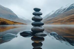 Tranquil Zen Stone Stack by Serene Mountain Lake for Meditation and Relaxation photo