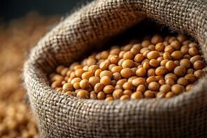 Burlap Sack Filled with Golden Soybeans on Rustic Background for Agricultural Concept photo