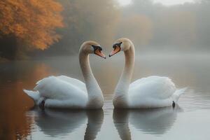 Romantic Autumn Scene with Swans on Misty Lake for Nature and Wildlife Photography photo