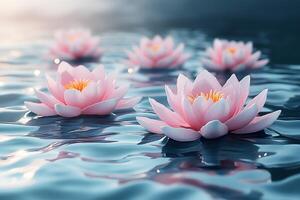 Serene Lotus Blooms Floating on Tranquil Water at Sunrise for Zen and Meditation Themes photo