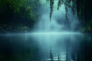 Misty Forest Lake at Dawn - Tranquil Nature Scene for Posters and Prints photo