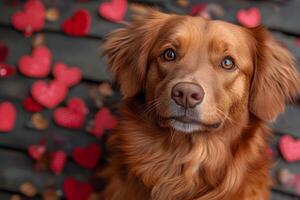 Adorable Dog with Red Hearts on Wooden Background for Valentine's Day Card Design photo