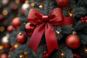 Festive Christmas Tree with Red Ornaments and Elegant Ribbon for Holiday Decor photo