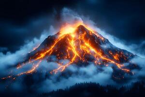 Majestic Volcanic Eruption Amidst Mystical Forest and Enveloping Clouds photo