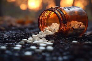 Fallen Medication Overturned Pill Bottle on Forest Floor at Sunset photo