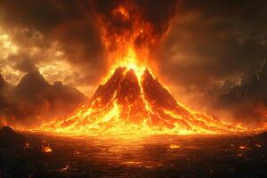 Dramatic Volcano Eruption and Lava Flow at Dusk - Perfect for Nature and Disaster Concepts photo