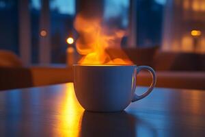 Cozy Evening Warmth with a Steaming Mug on a Table in Soft Ambient Light photo