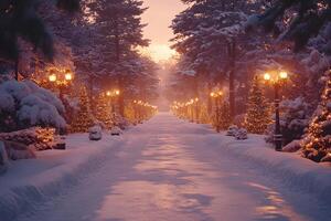 Enchanting Winter Wonderland with Snowy Trees and Festive Lights for Holiday Design photo
