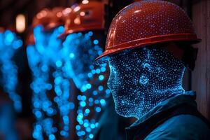 Digital Workers Futuristic Construction Scene with Illuminated Faces photo