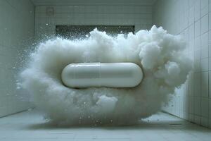 Surreal Explosion of a White Capsule in a Tiled Room - Conceptual Art photo