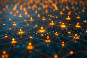 Digital Network Visualization with Glowing Data Nodes for Technological Concepts photo