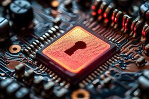 Cybersecurity Concept Glowing Lock Symbol on Microchip for Data Protection photo