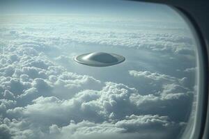 UFO Encounter Above Clouds from Airplane Window - Futuristic Sci-Fi Concept photo
