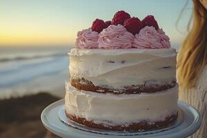 Rustic Raspberry Cake by the Ocean at Sunset for Celebrations and Events photo