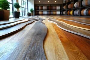 Modern Flooring Options Display in Home Improvement Store with Wood Samples photo
