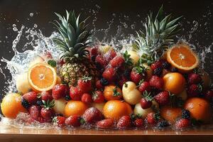 Fresh Fruit Splash Dynamic Arrangement of Vibrant Tropical and Citrus Fruits for Culinary Art and Design photo