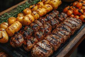 Grilled Meat and Vegetables on Skewers for Outdoor BBQ Party and Summer Gatherings photo