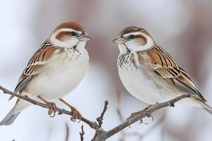 Two Eurasian Tree Sparrows Perched on Branch in Winter Habitat photo