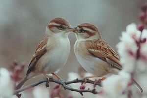 Tender Moment Between Two Birds Surrounded by Spring Blossoms photo